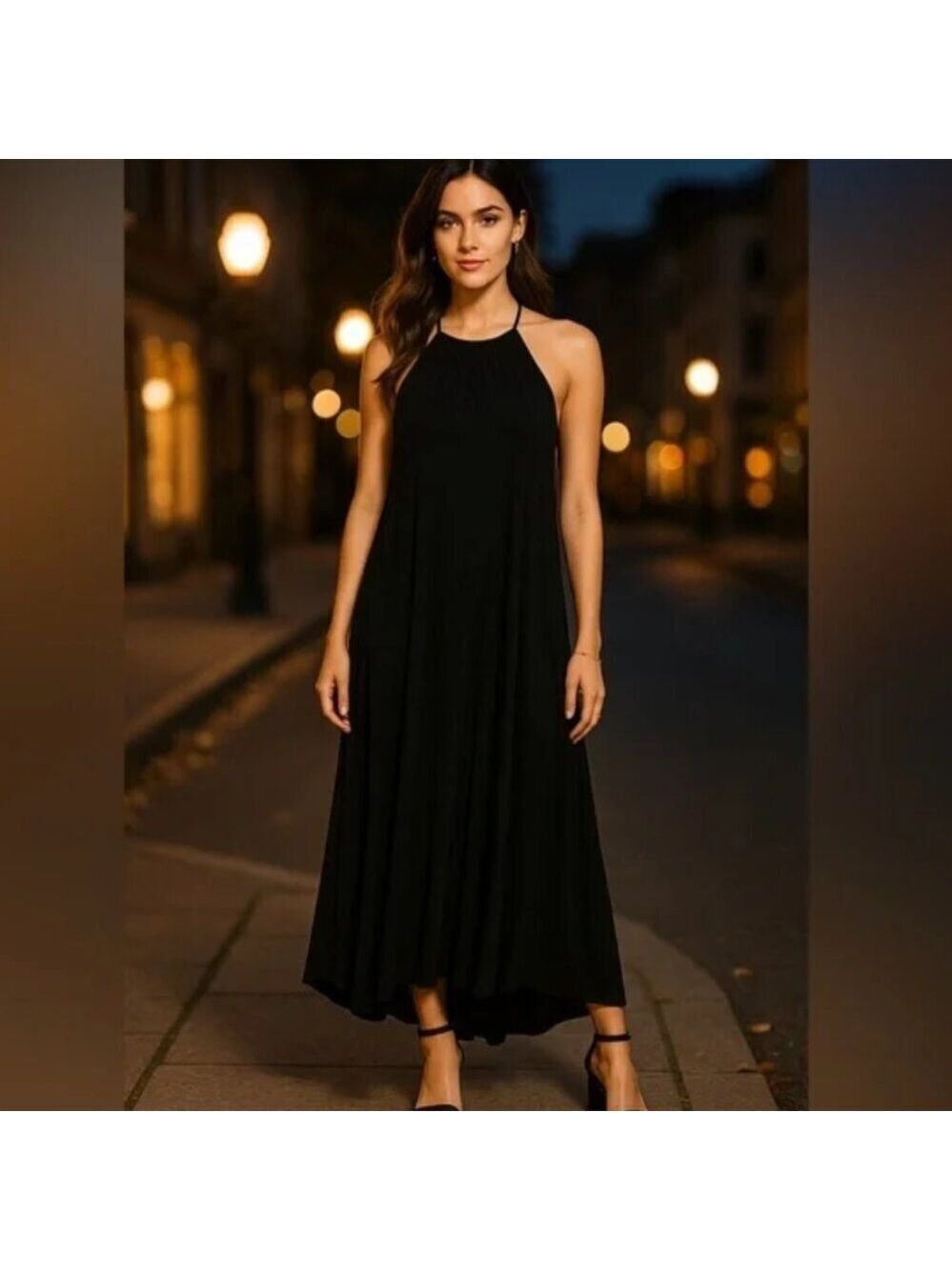 Brit & Bri High Neck Black Spaghetti Strap Flowy Stretchy Maxi Dress Size Small
